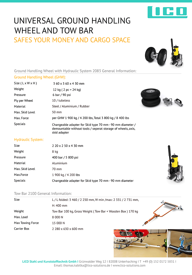 Das Bild zeigt das Datenblatt für die LICO Universal Ground Support Equipment Produkte für Kufenhubchrauber
